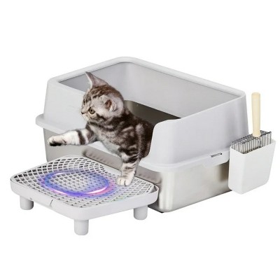 LunaLulinlk gray Stainless steel cat litter box with lid, cat litter box with pedal filter and scoop