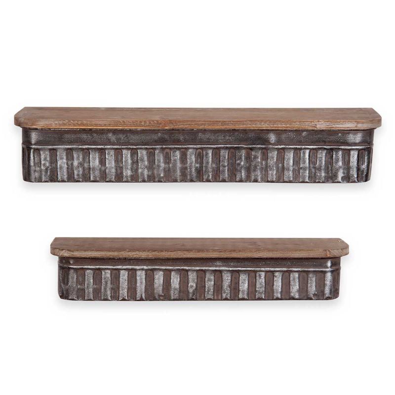 Set of 2 Distressed Metal and Wood Hanging Wall Shelves - Foreside Home & Garden, 1 of 8