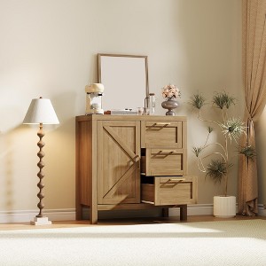 A sideboard with storage, made of wood, featuring 3 drawers and 1 cabinet, adjustable shelves, and wooden legs. Suitable for living rooms. - 1 of 4