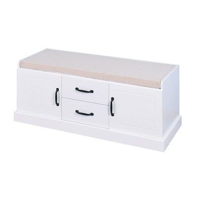 Lirago,42.52"D * 15.9"W * 17.52"H, White Wooden Entryway Shoe Cabinet with 2 Doors & 2 Drawers, Removable Cushion