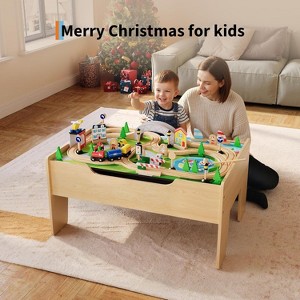 78Piece Kid's Track Table Toy Set, Multipurpose Wooden Toy Activity Playset for Children w/Tracks & Storage, Reversible Top - 1 of 4