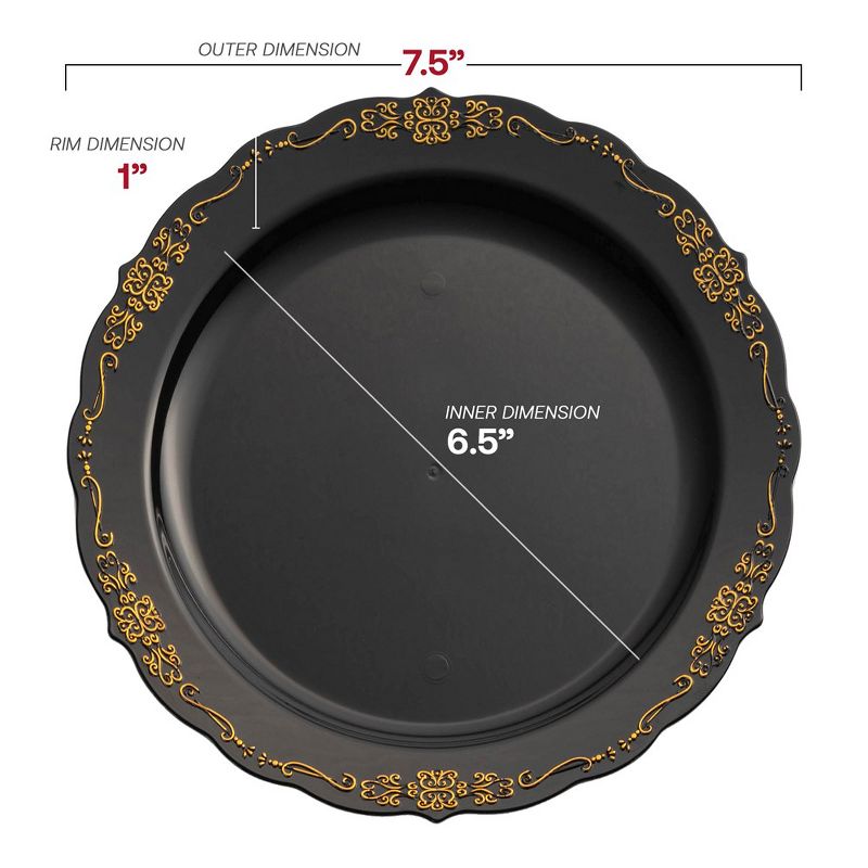 Smarty Had A Party 7.5" Black with Gold Vintage Rim Round Disposable Plastic Appetizer/Salad Plates (120 Plates), 2 of 7
