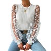 Women Crew Neck Fitted Ribbed Mesh Floral Print Chiffon Long Sleeve Top - 3 of 3