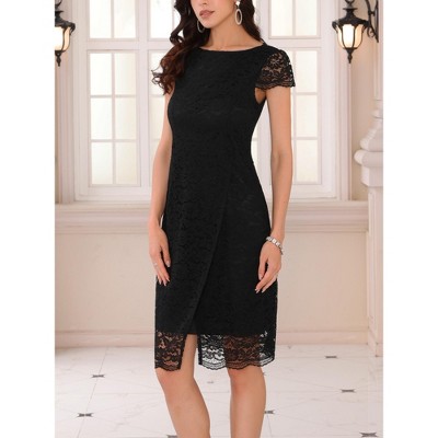 Женские платья INSPIRE CHIC Women's Cocktail Floral Lace Cap Sleeve Boat Neck Midi Dress Black Small — фото 2
