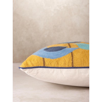 Aloha Mustard and Blue Embroidered Cotton Wool Throw Pillow 20"