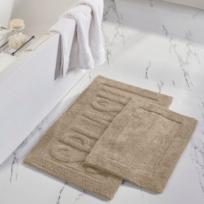 Khaki Cotton Tufted Bath Mat Set with Non-Slip Backing