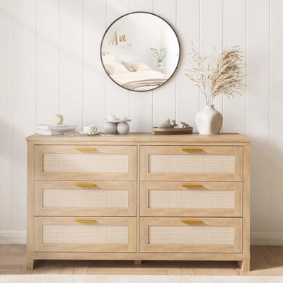 Zstar Dresser for Bedroom, Wooden Storage Cabinet with Rattan Fronts