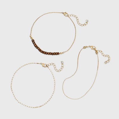 Wood Beaded Chain Anklet Set 3pc - A New Day™ Brown