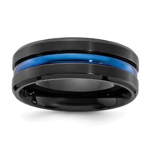 Black Bow Jewelry Men's 8mm Black & Blue Plated Titanium Grooved Standard Fit Band - 1 of 4