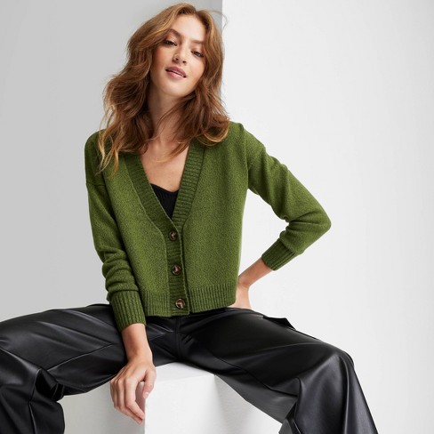 Women s Slouchy Button front Cardigan Wild Fable Dark Green Xs