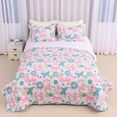Acoinel Butterfly Floral Quilt Set - 3-Piece Reversible Bedspread with Pillow Shams,King — фото 8