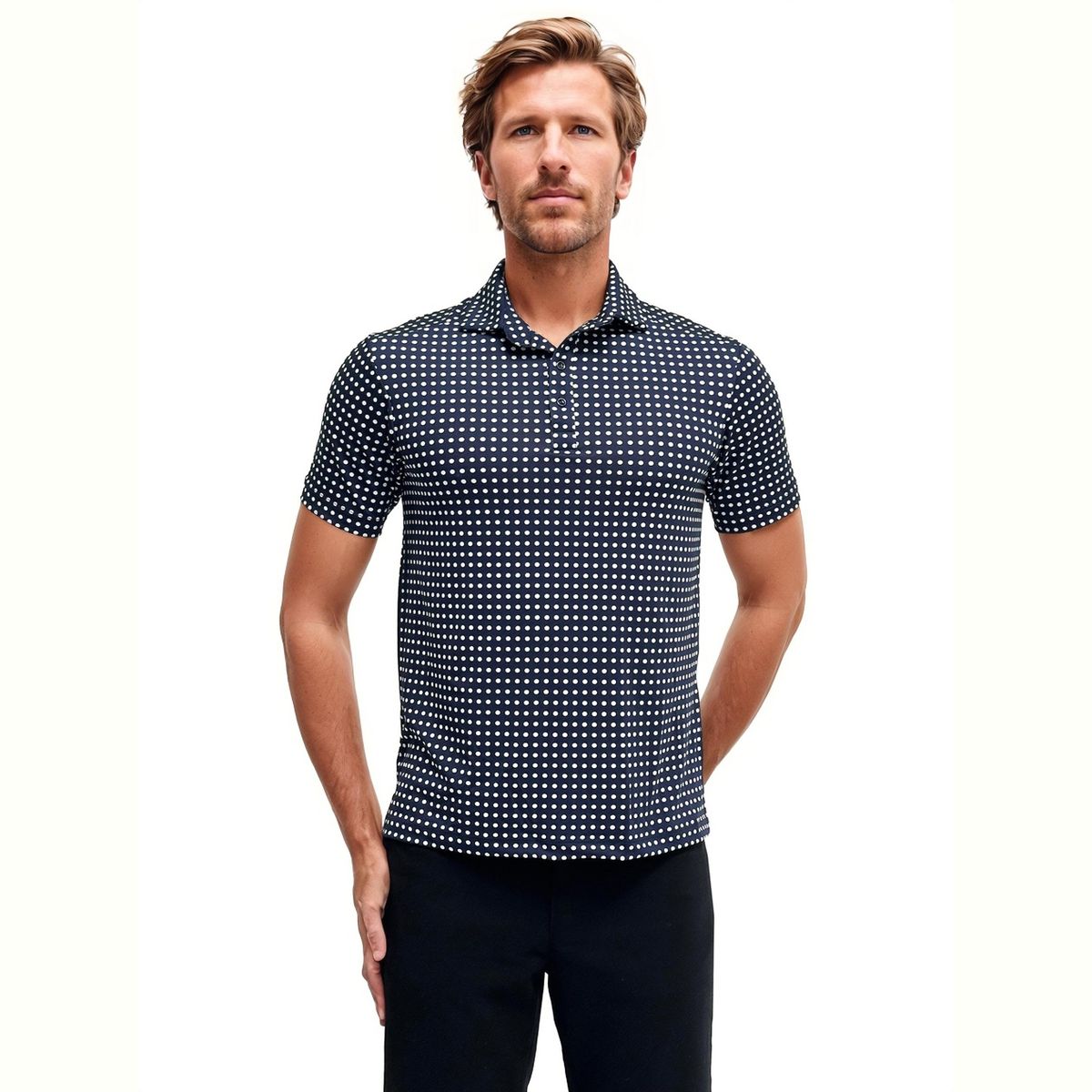 24seven men Wrinkle Resistant 3 Button Machine Washable Polka Dot Polo Shirt