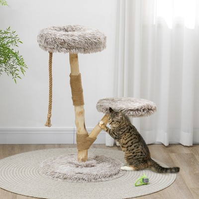 35 Inch Brown Plush and Wood Cat Tree Tower