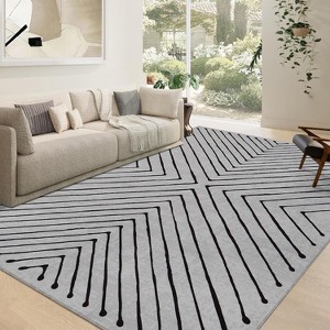 Modern Striped 10x13 Dark Grey Washable Rug, Stain-Resistant Non-Slip Low Pile Carpet for Living Room, Nursery, or Apartment Use - 1 of 4