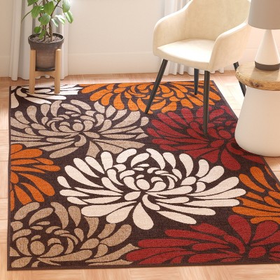 Chocolate and Terracotta Floral Synthetic Indoor/Outdoor Area Rug