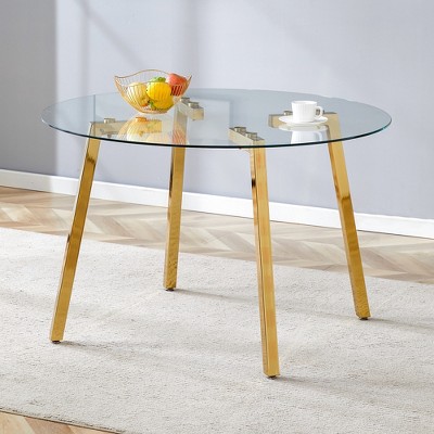 SYFERLORY Modern Luxurious Round Tempered Glass Dining Table with Gold 7-Shaped Metal Legs