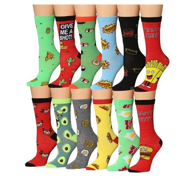 Tipi Toe Women's 12 Pairs Lightweight Red Green Colorful Pizza Fries Burger Food Patterned Crew Socks