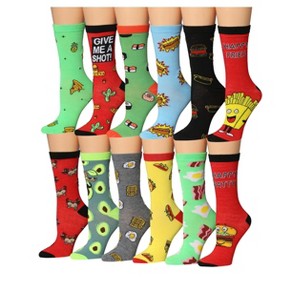 Tipi Toe Women's 12 Pairs Lightweight Red Green Colorful Pizza Fries Burger Food Patterned Crew Socks - 1 of 1