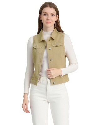 INSPIRE CHIC Women's Buttoned Washed Denim Vest with Faux Chest Flap Pockets
