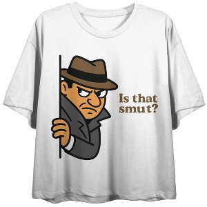 Peeking Detective Graphic, Is That Smut? Text on White Short Sleeve Adult Crop T-Shirt - 1 of 3