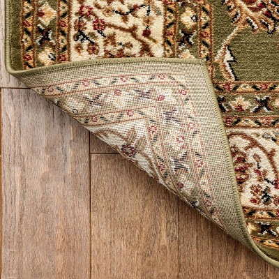 Green Floral Sarouk Runner Rug with Jute Backing