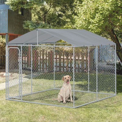 Large Gray Steel Outdoor Dog Kennel with Roof