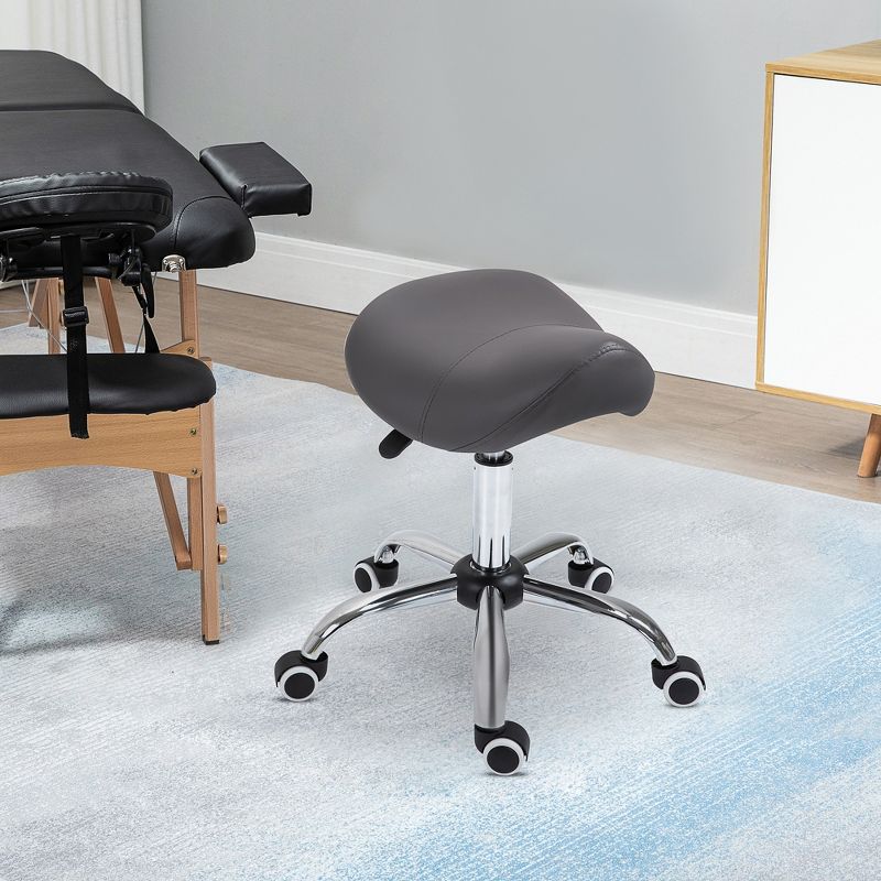 HOMCOM Ergonomic Rolling Saddle Stool PU Leather Hydraulic Spa Stool Height Adjustable Swivel Drafting Medical Salon Chair, 3 of 9