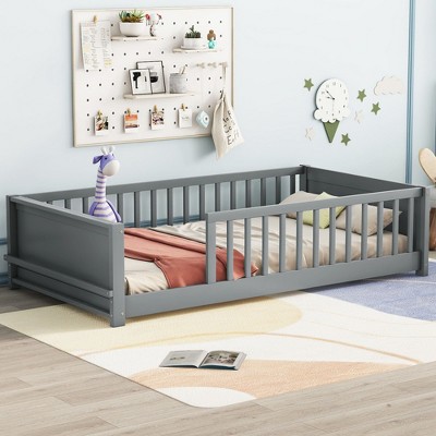 NicBex Twin Size Wood Montessori Bed with Built-in Book Storage Rack,Floor Bed with Safety Guardrails,Modern Toddler Bed for Bedroom,Grey