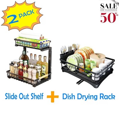MaseiKar 2 in Set Dish Drying Rack and Under Sink Organizer Rack, Large Dish Rack with Drainboard, 2 Tier Pull Out Cabinet Shelf for Kitchen Storage