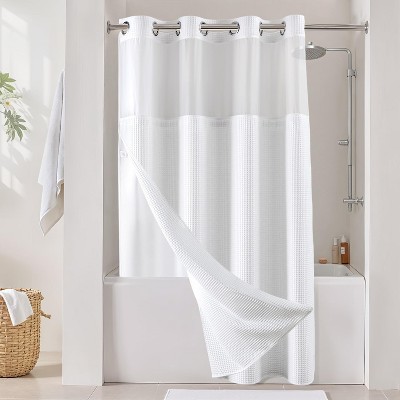 River Dream White Fabric Shower Curtain Set, Cotton Blend, Waffle Weave, with Snap in Replacement Liner，71 x 74 inches