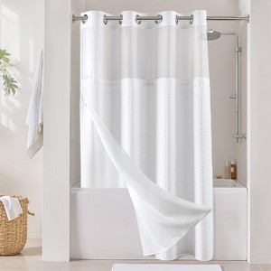 River Dream White Fabric Shower Curtain Set, Cotton Blend, Waffle Weave, with Snap in Replacement Liner，71 x 74 inches - 1 of 4