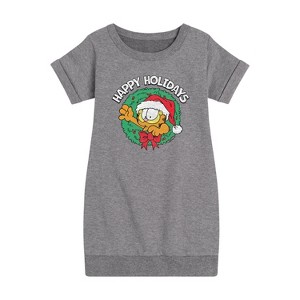 Girls' - Garfield - Happy Holidays Wreath Graphic Short Sleeve Fleece Dress - 1 of 4