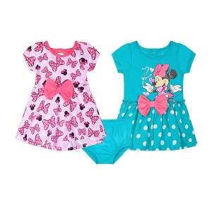 Disney Baby Girl's 2-Pack Love Minnie Mouse Bow and Polka-Dot Print Casual Dress with Bloomer Panty Set - Pink/Blue, 0-3 Months - 1 of 4