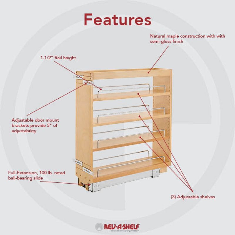 Rev-A-Shelf Pull Out Kitchen Cabinet Storage Organizer Spice Rack w/3 Adjustable Sliding Wood Shelves, Chrome Rails, & 100lb Capacity, 4 of 8