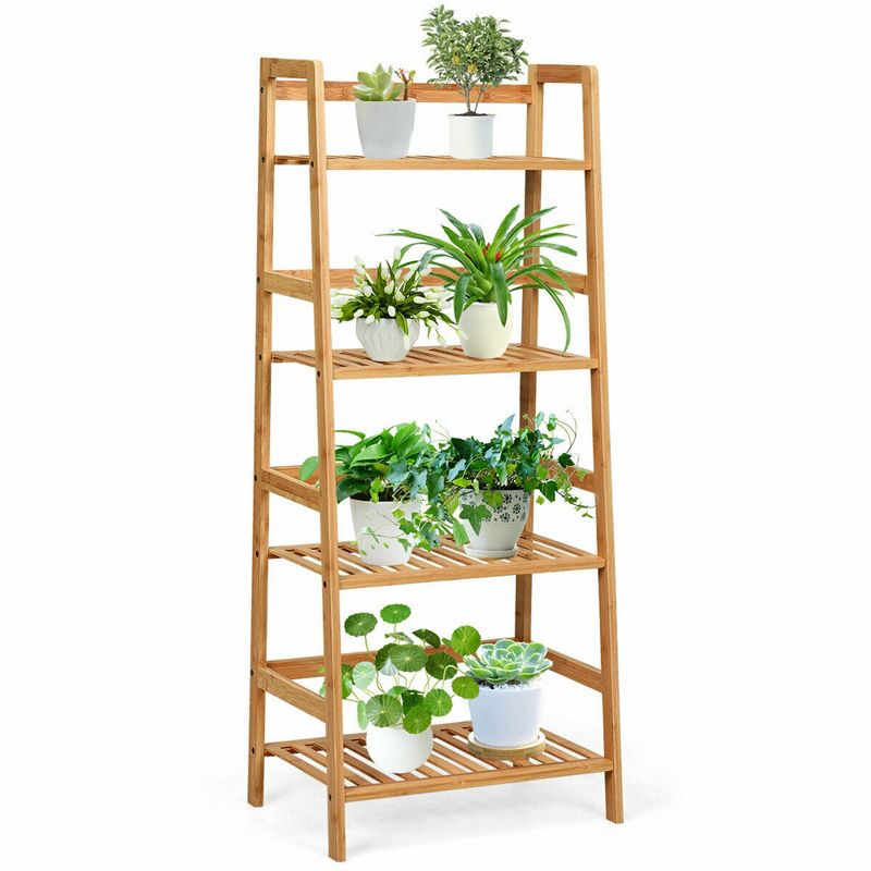 Costway 4-Tier Bamboo Ladder Shelf Multipurpose Plant Display Stand Storage Bookshelf, 1 of 11
