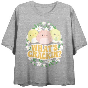 Squishmallows What's Crackin'? Women's Heather Gray Crew Neck Short Sleeve Crop Tee - 1 of 3