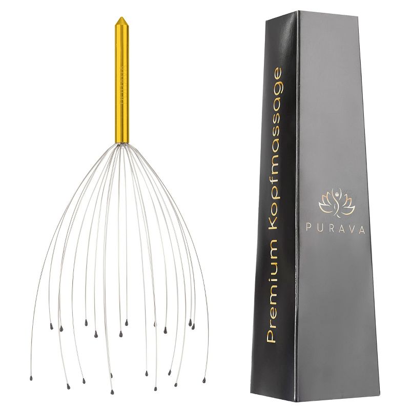 PURAVA Scalp Scratcher Massage with 20 Fingers for Relaxation and Scalp Stimulation, Gold, Pack of 1, 1 of 4