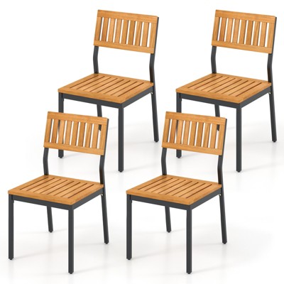 Tangkula Patio Dining Chair Set of 4 Outdoor Armless Chairs w/Metal and Acacia Wood Frame All-Weather Bistro Chairs
