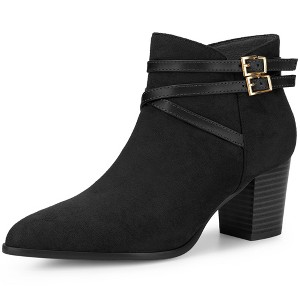 Allegra K Women's Round Toe Buckle Decor Cross Strap Block Heels Ankle Boots - 1 of 4