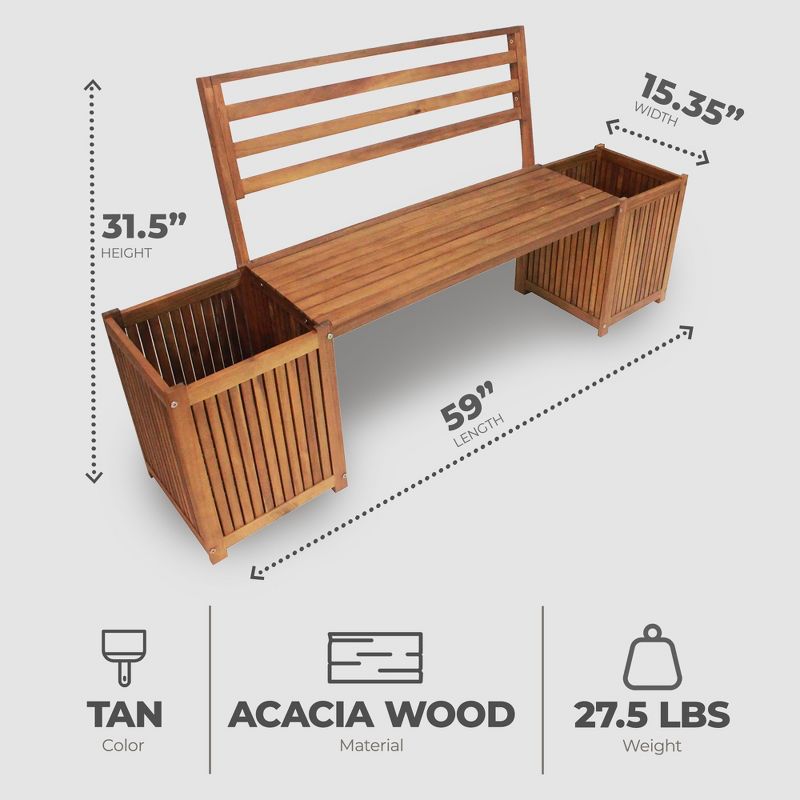 Leigh Country Multifunctional Durable Stained Finish Hardwood Bench with Planter Boxes, Hardware, and 350 Pound Weight Capacity, Tan, 3 of 7