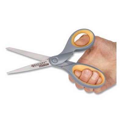Westcott Titanium Bonded Scissors, 8" Long, 3.5" Cut Length, Gray/Yellow Straight Handles, 2/Pack