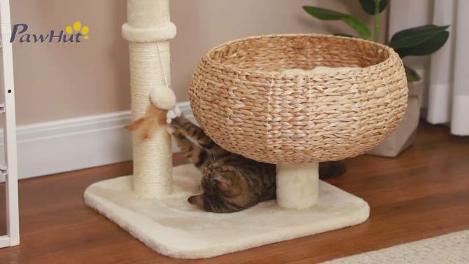PawHut 28" Elevated Cat Bed with Sisal Scratching Post for Indoor Kitties, Modern Cat Tree with Cute Basket Design, Small Cat Tree with Fun Ball Toy, 2 of 8, play video
