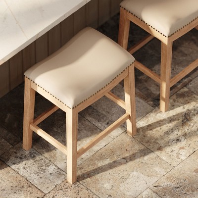 Weathered Oak Backless Saddle Barstool with Vegan Leather Seat