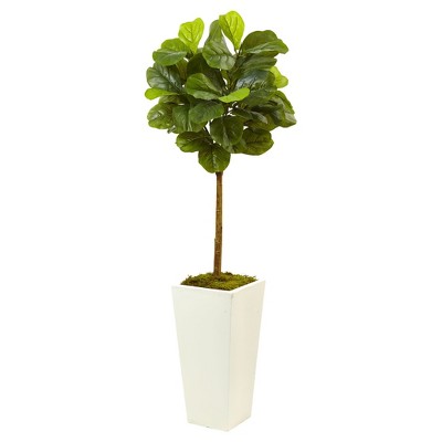 Fiddle Leaf Fig in White Planter (4.5ft) - Nearly Natural