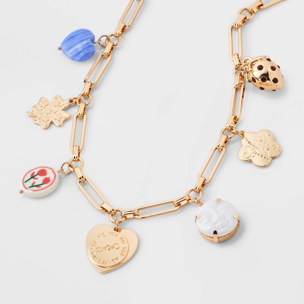 Mixed Floral Semi-Precious Blue Lace Agate Heart Necklace - Universal Thread™ Gold: Resin, Zinc Alloy, 18"
