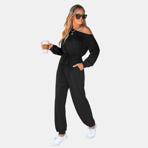 Black belted best sale one shoulder jumpsuit