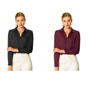 INSPIRE CHIC Women's Elegant V Neck Long Sleeve Office Work Satin Shirt 2 Packs - 1 of 4
