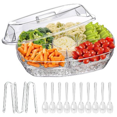 NewHome "Fruit Ice Serving Tray with Lid, 4 Compartments, 3 Tongs & 10 Sporks – Chilled Veggie & Shrimp Platter" White