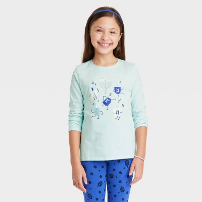 Girls' 'Hanukkah Dreidels' Long Sleeve Graphic T-Shirt - Cat & Jack™ Mint Green
