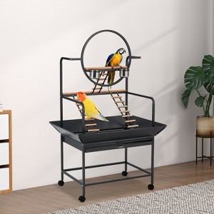 66'' Inch Birdcage Stand Activity Play Center with Perches and Ladders, Removable Tray, Indoor Outdoor Playground for Parakeet,Cockatiels Black - 1 of 4
